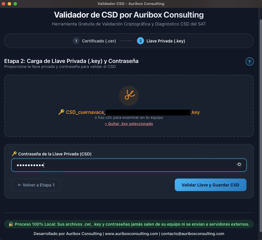 Etapa 3: Carga de llave privada .key y validación de contraseña segura