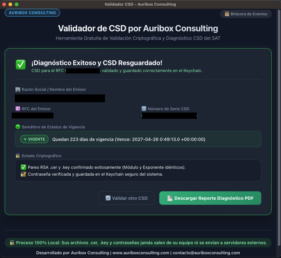 Validador CSD - Diagnóstico exitoso y semáforo